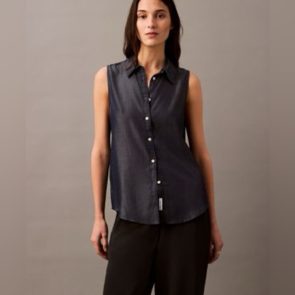 Edward Petites Sleeveless Black Button-Down Silk Collared Top Size Medium
